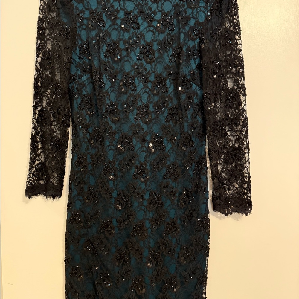 Adrianna Papell Black and Teal Lace Dress
